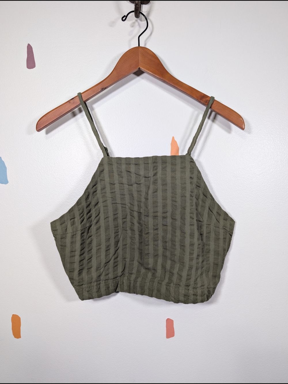 Free People Olive Green Striped Cropped Open Back Top